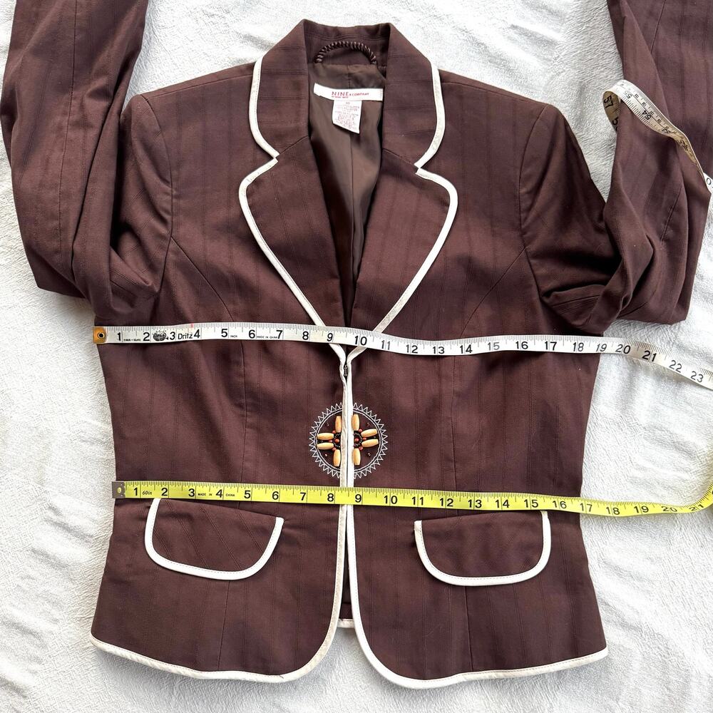 Vintage Nine & Co 100% Cotton Beaded Blazer 10 Brown 90s Cutaway Jacket - Picture 12 of 13